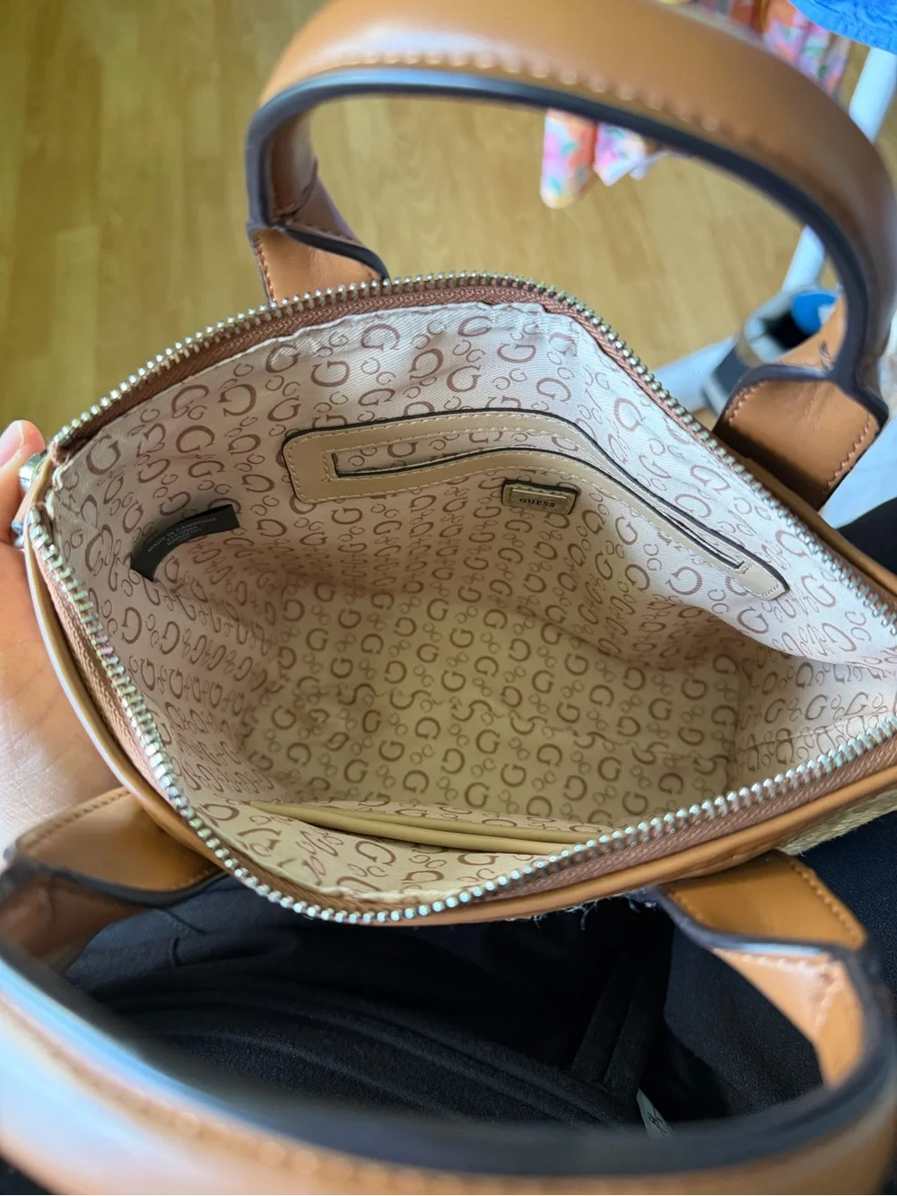 GUESS Brown and Tan Woven Crossbody Mini Purse